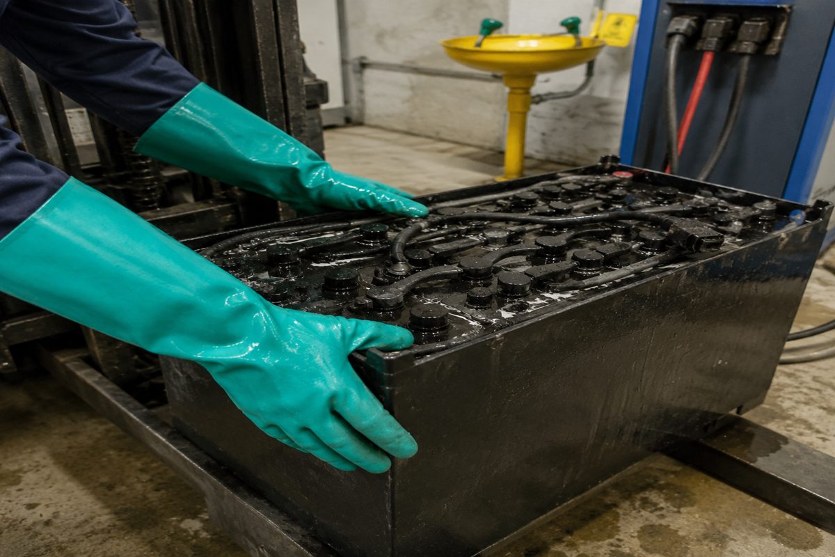 Sourcing Forklift Battery Room Gloves for Acid Splash, Wet Grip and Change-Out Work