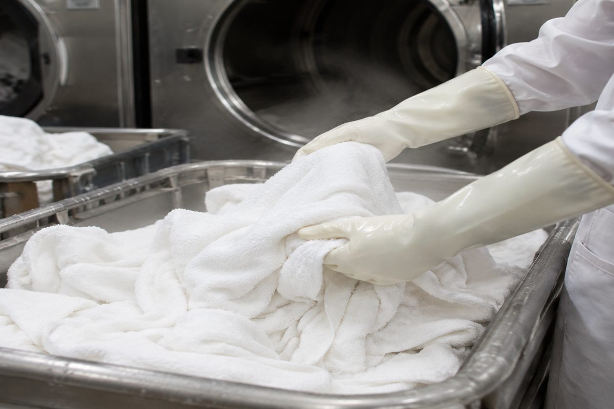 Industrial Laundry Gloves for Wet Heat, Detergent and Linen Sorting
